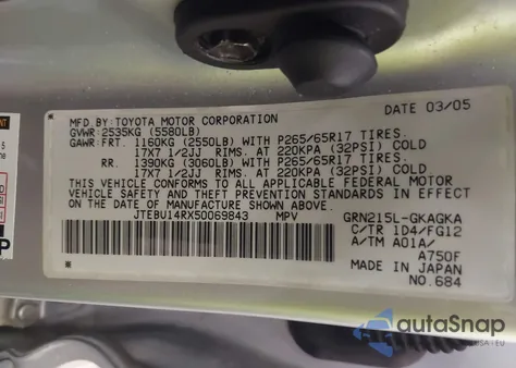 2005 Toyota 4Runner Sr5 V6 из США, поврежденный, VIN JTEBU14RX50069843